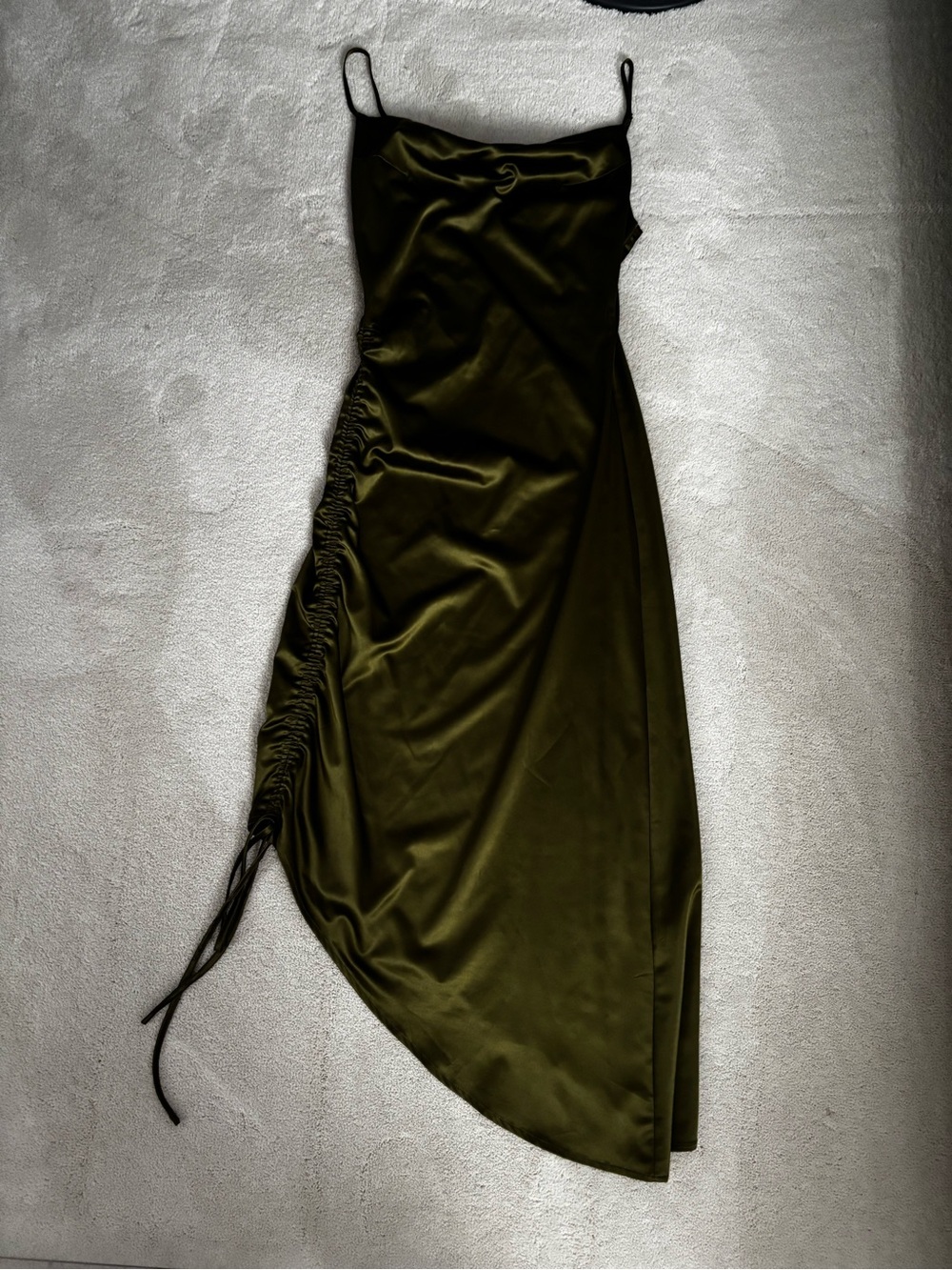 Olive Green High-Low Slip Dress with Side Ruching